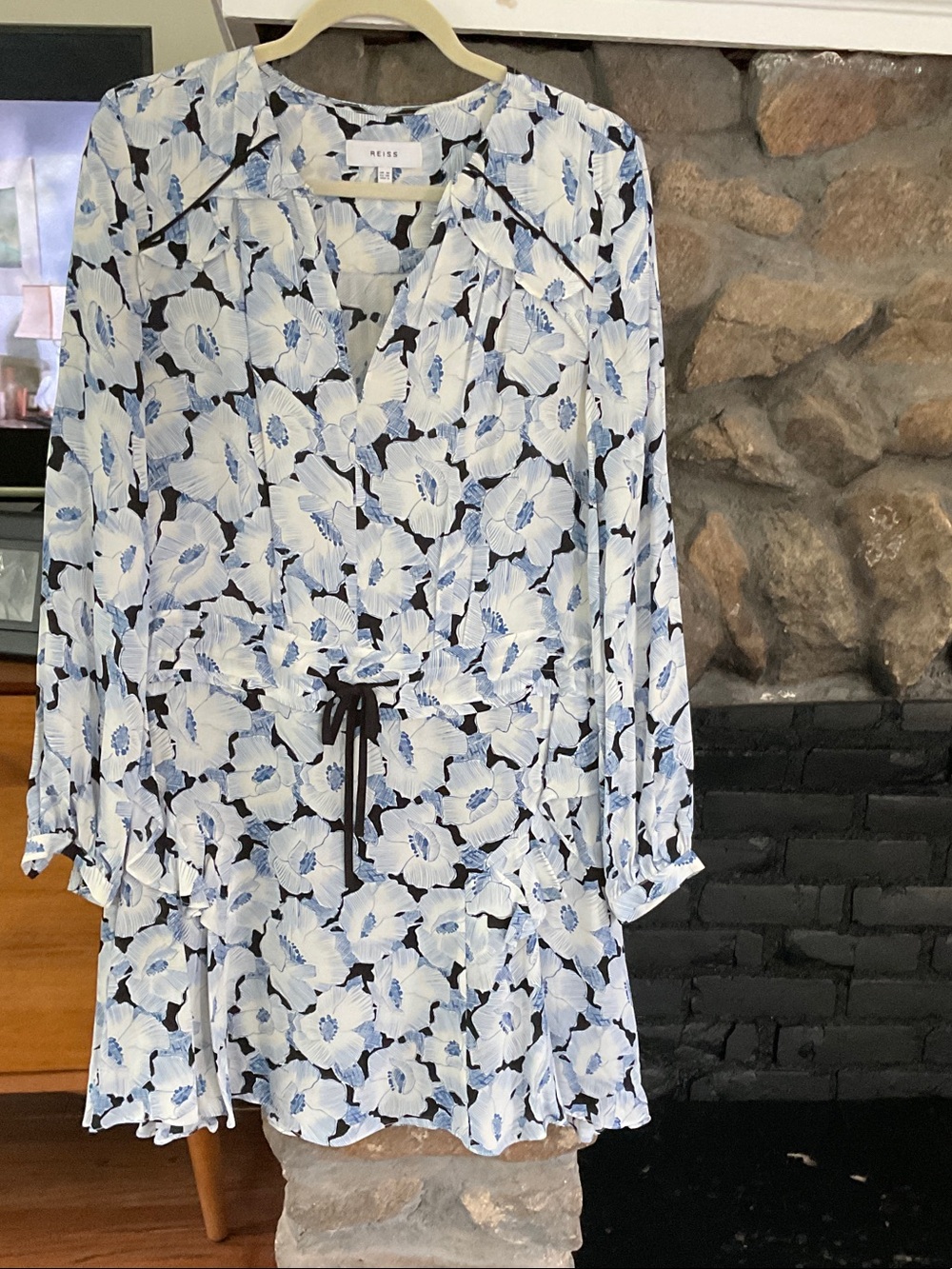 Reiss Blue, White and Black Floral Print Dress